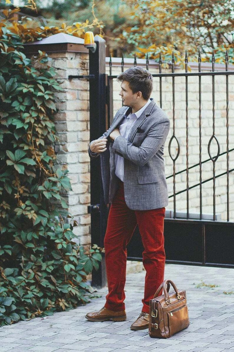 Red pants shop grey blazer