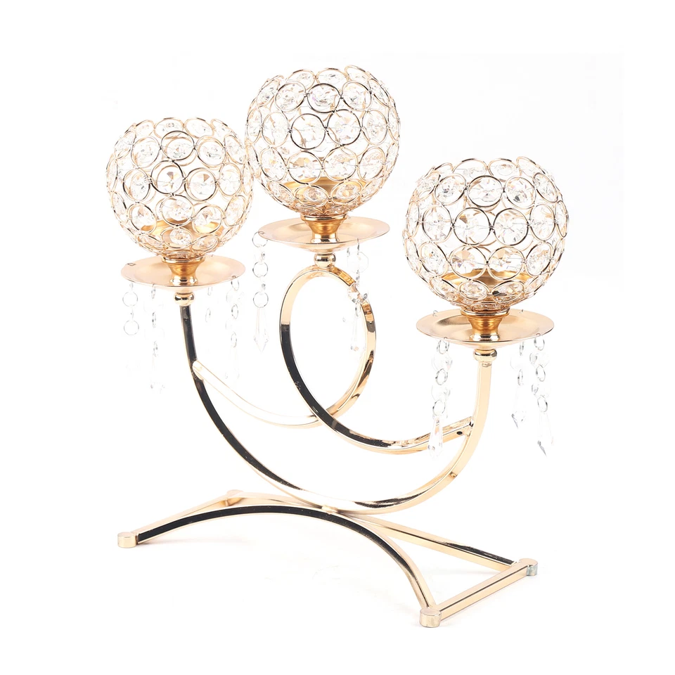 3 Arms Crystal Candle Holders for Table Centerpiece, Weddings,Dining Room Golden - Image 4 of 4