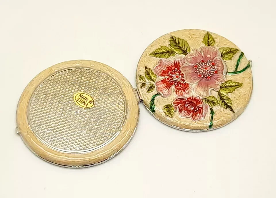  Dual Compact Purse Mirror Colorful Pink Flower Round style white Cream base - Image 4 of 4