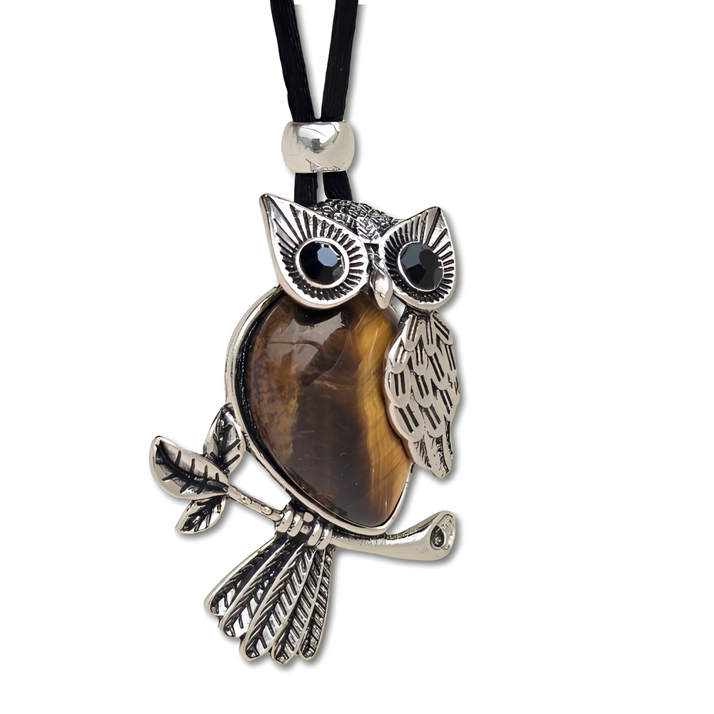 Owl Pendant Tigers Eye Necklace Natural Gemstone Cord Healing Chakra Jewellery
