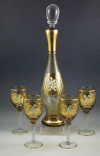 VTG BOHEMIA GLASS AMBER -APPLIED FLOWERS DECANTER SET, DECANTER AND 4 GOBLETS
