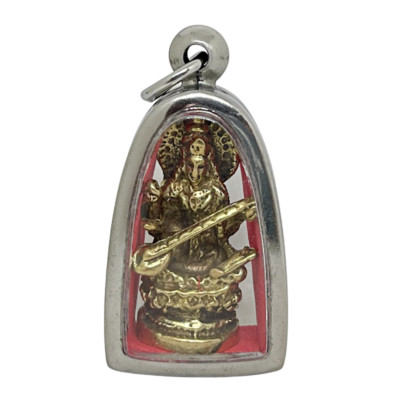 Saraswati Goddess Play Veena Brahma Shakti Brass Amulet Stainless Case Pendant