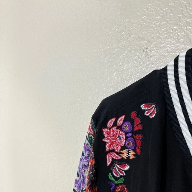 Rebecca Minkoff Jacket Womens 12 Silk Bomber Black Floral Full Zip BOHO - Image 2 of 4