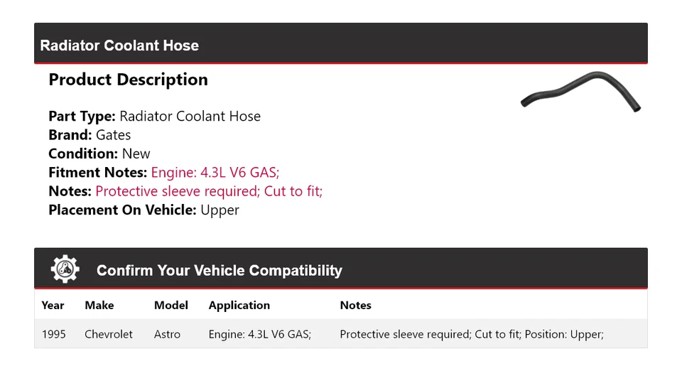 Manguera de refrigerante de radiador de gas V6 4,3 L para Chevrolet Astro 1995 puertas superiores Foto 2 de 4