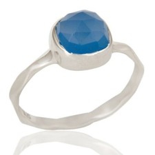 Gift For Her 925 Silver Natural Blue Chalcedony Gemstone Band Hammered Ring