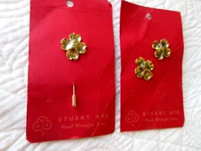 STUART NYE HAND WROUGHT BRASS DOGWOOD EARRING & STICKPIN SET VTG NEW ASHEVILLE N