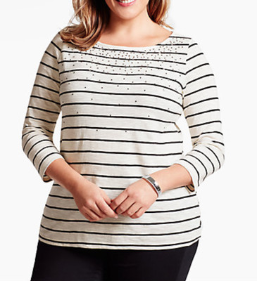 TALBOTS IVORY BLACK EMBELLISHED BEADED STRIPES 3/4 SLEEVE KNIT TOP PLUS Sz 1X