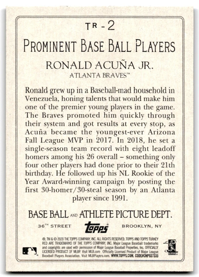 2020 Topps Turkey Red 2020 Ronald Acuña Jr. Atlanta Braves #TR-2 - Image 2 of 2