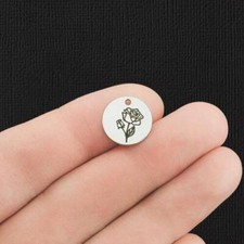Birth Month Flower Stainless Steel 13mm Round Charms - June Rose - BFS007-5953