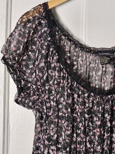 VTG Peasant Maxi Dress T&Co. Size 10 Black Pink Floral Sheer Lace Cottagecore - Picture 3 of 19