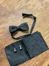 Mens Solid Color Pre-tied Bow Tie and Pocket Square Cufflink Set Black