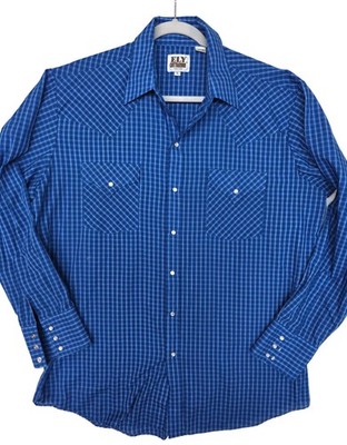 Ely Cattleman Shirt Mens Large Blue Plaid Long Sleeve Snap Front Western