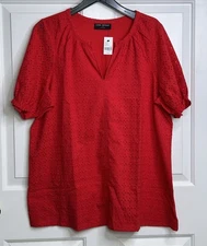 LANE BRYANT Eyelet & Knit Notch Neck Blouse WOMENS 14 / 16 SHORT SLEEVE Red NWT