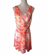 Ann Taylor Floral Chiffon V-Neck Pleated Faux Wrap Dress Pink Yellow Size 8