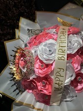 Satin Rose Birthday Bouquet Pink White with Crown Butterflies  Ribbon Banner