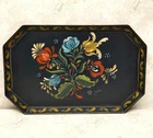 Vintage Hand Painted Tin Tray Floral Black 16.25" Signed Damage Please Read