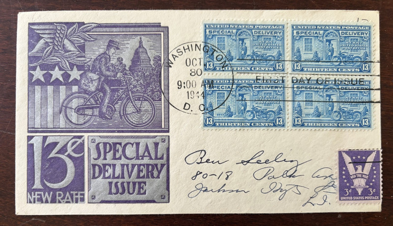 WWII Era cover 13 cent special delivery rate Staehle block of 4 plus win the war