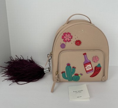 Kate Spade New York Cactus Tommi Cashew Hot Stuff Backpack EUC W/Purple Feather