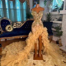 Ruffles Prom Dress Rhinestone Crystal Beaded High Slit Party Sheath Evening