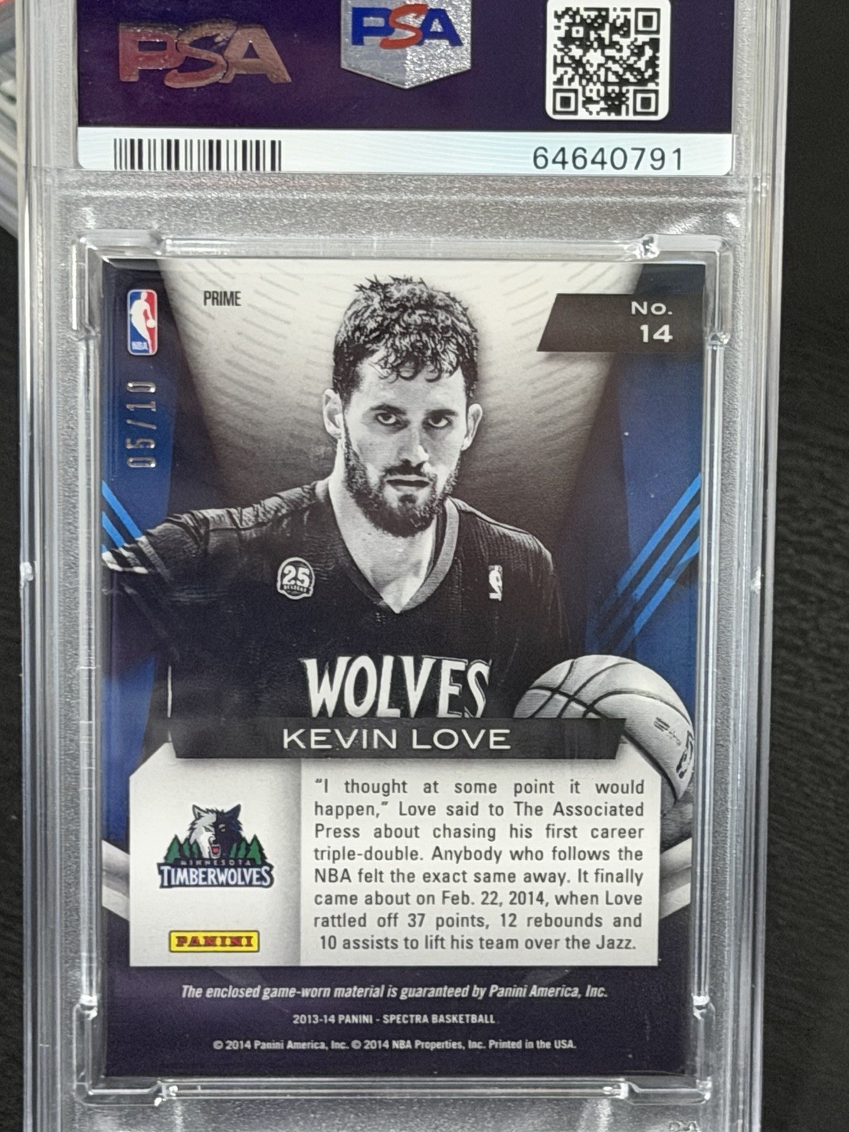 Kevin Love—2013 Spectra—GameTime—GAME WORN PATCH—GOLD—SSP—/10—PSA 8—POP 1—ONLY 1 view 9
