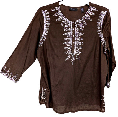 2X  Context 100% Cotton Woven Brown w/ Silver Shimmer Sequins Blouse Shirt Top