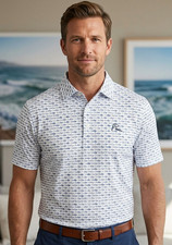 ⛳Rhoback The Shark Men's Polo / Blue Graphic Print / UPF Sun Protection M-3XL