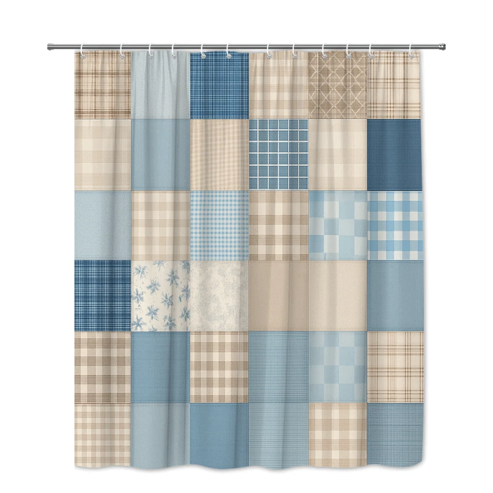 Cortina de ducha de tela de retazos azules - estilo granja Foto 2 de 4