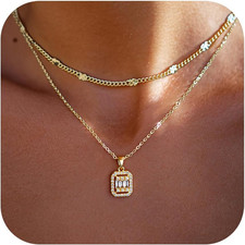 Dainty Pendant Gold Necklace for Women Layered 14K Diamond Pendant Gold Plated N