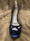 Badgley Mischka Shoes Size 7.5 Blue Peep-Toe Pumps Heels Satin Embellished — photo 3
