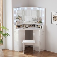 White Corner Dressing Table +Stool Set LED Lights 3 Mirrors Drawers Makeup Desk
