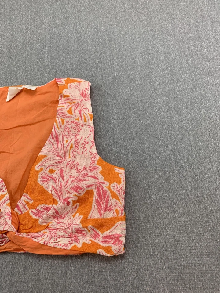 C&C California Crop Top Womens Medium Orange Pink Linen Floral Cat Print Tank - Image 4 of 4