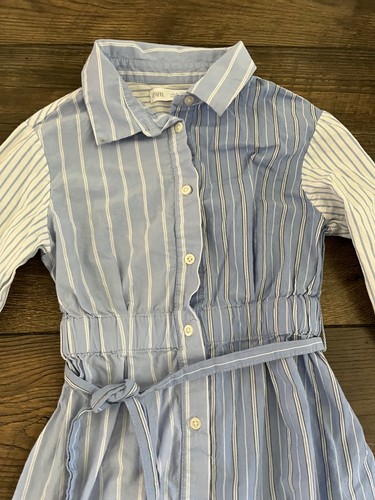 Zara Girls Contrasting Striped Poplin Shirt Dress Blue White Size 8 Cotton Tie - Picture 2 of 6