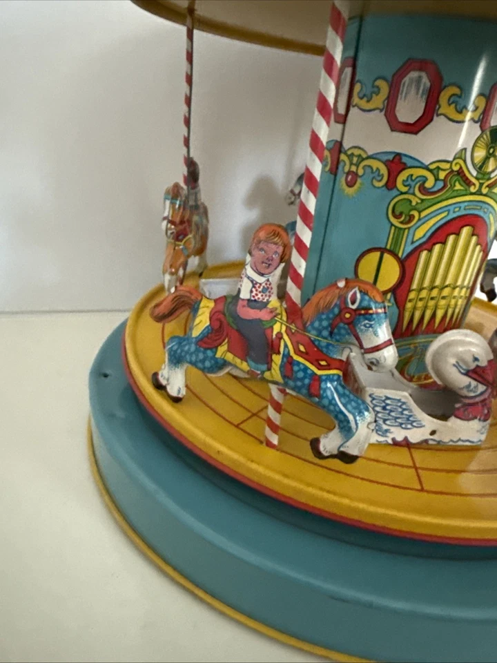 Juguete de caballo vintage J Chein hojalata cuerda feria carnaval circo Merry Go Round Foto 4 de 4