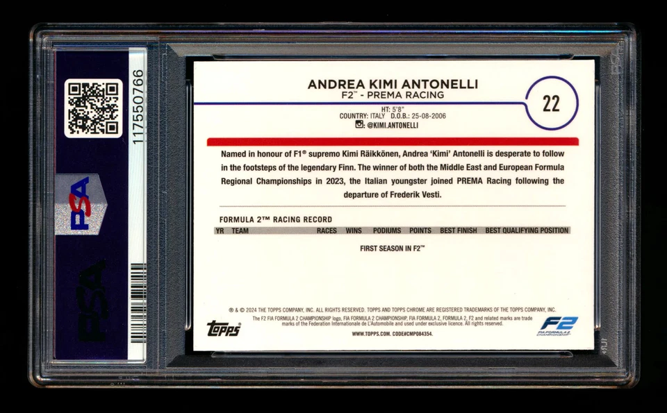 2024 Topps Chrome Sapphire F1 #22 Kimi Antonelli RC Gold Refractor #30/50 PSA 8 - Image 2 of 2