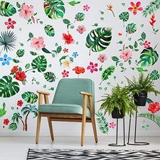 66 Pieces Large Palm Leaves Wall Decals Tropical Hibiscus Flower Peel