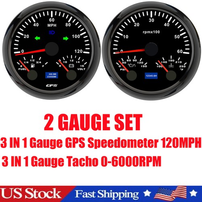 #ad 2 Gauge Set 85mm GPS Speedometer 120MPH W Fuel Volt 6000RPM Tacho Oil Temp US $109.38