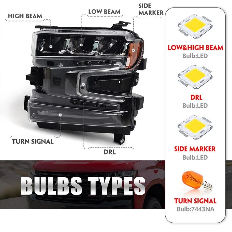 For Chevy Silverado 1500 2019-2021 LED Headlight Halogen Signal w/ Bulb Driver - Image 2 of 4