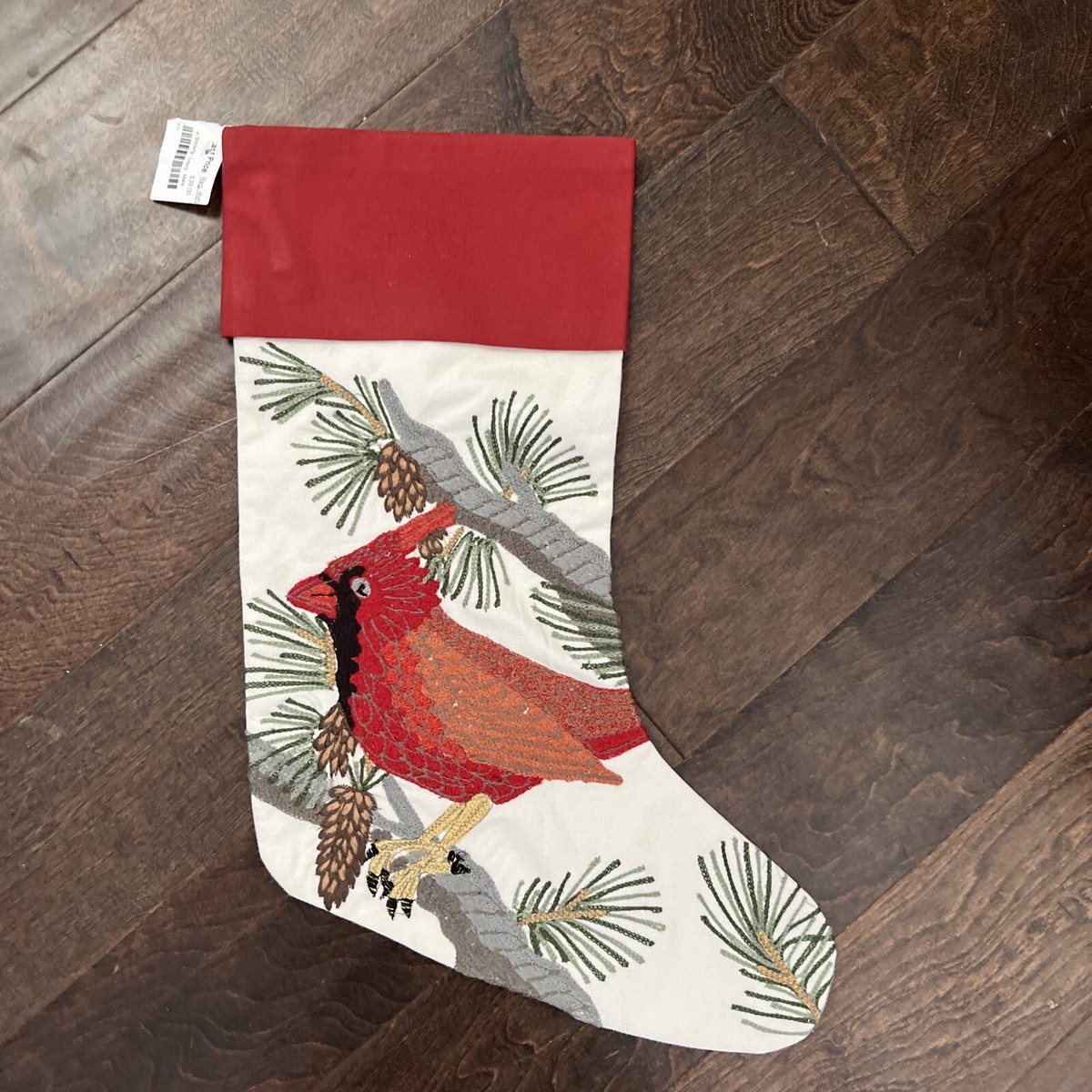New Pottery Barn Crewel Cardinal Red Bird Cream Christmas Stocking
