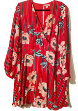 SALE - Express - Vibrant Red Floral Long Sleeve Faux Wrap Short Dress - XL