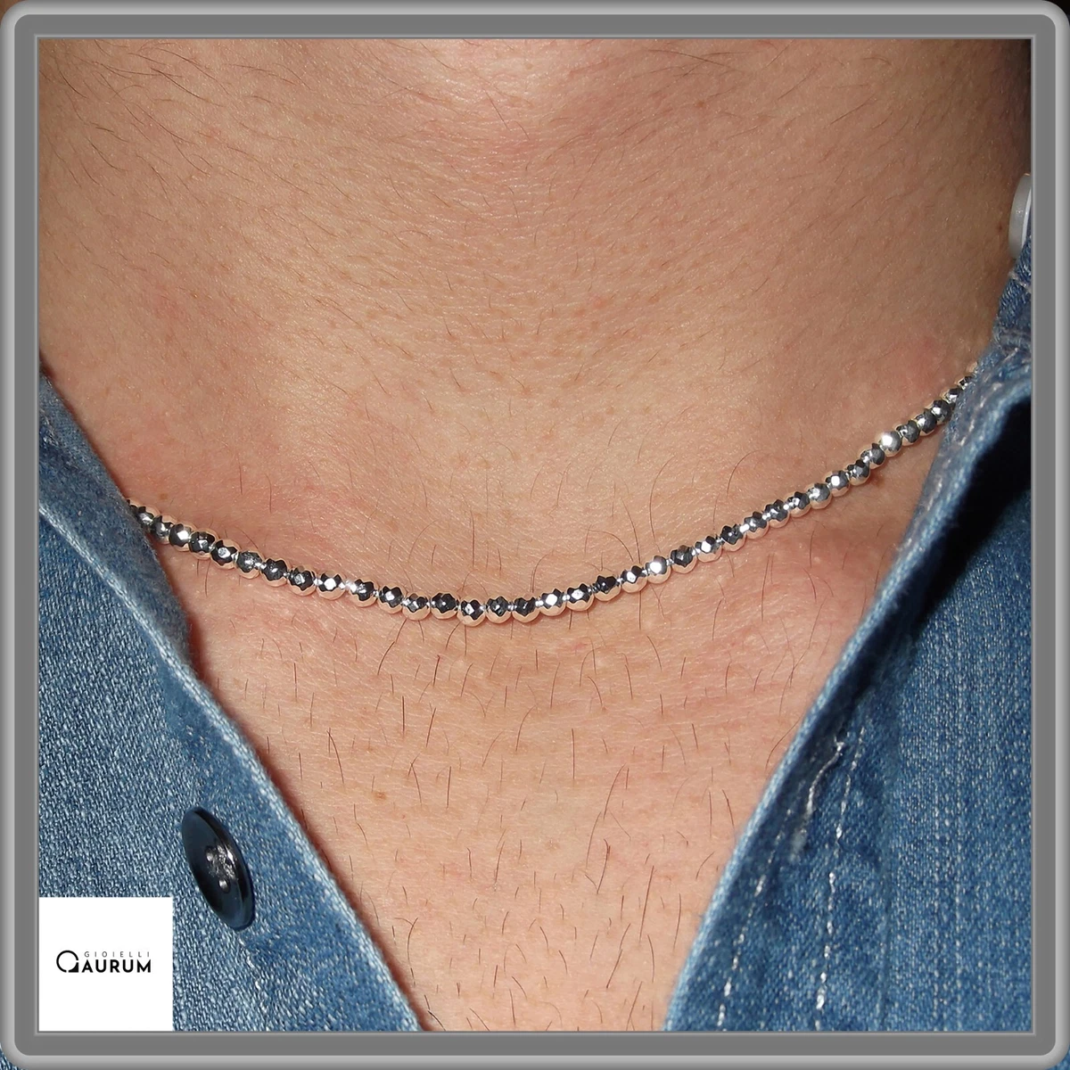 Necklace From Man Woman Silver Real And Natural Stones IN Hematite Jewelry 45 CM