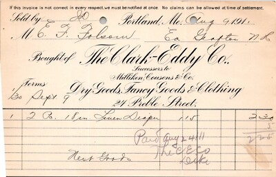 1911 CLARK EDDY CO DRY GOODS FANCY GOODS CLOTHING MILLIKEN COUSENS PORTLAND Z29