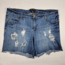 Forever 21 Distressed Denim Shorts Women's Plus 12 Blue Dark Wash Mid Raw Hem