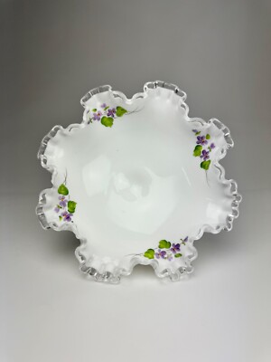 Fenton Milk Glass Vase 1970er USA Vintage Handbemalt Ruffled Edge Fußvase