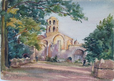 Vintage French Watercolor Roman Ruins Alyscamps Provence Arles Signed Forni 1936
