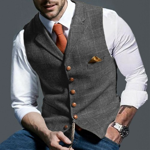 Mens Tweed Waistcoat Green Notch Lapel Plaid Vintage Wool Vest Herringbone S-3XL - Imagen 10 de 11