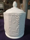 Vintage Milk Glass Canister, Indiana, Grapevine Pattern Colony Harvest With lid