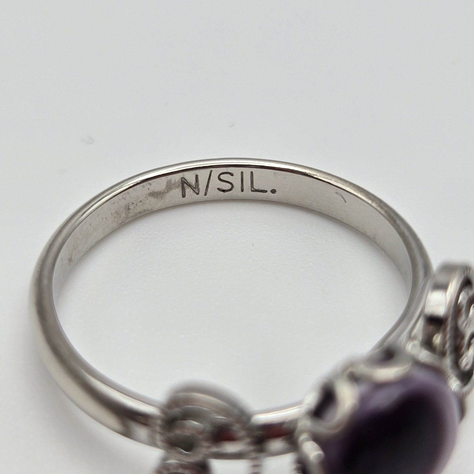 Amethyst Ring Silvertone Scrollwork Purple Stone … - image 8