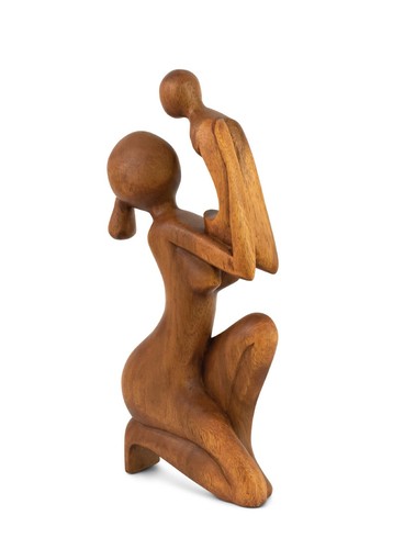 Wooden Hand Carved Abstract Mother and Child Sculpture Figurine Baby Wood Statue - Picture 2 of 5