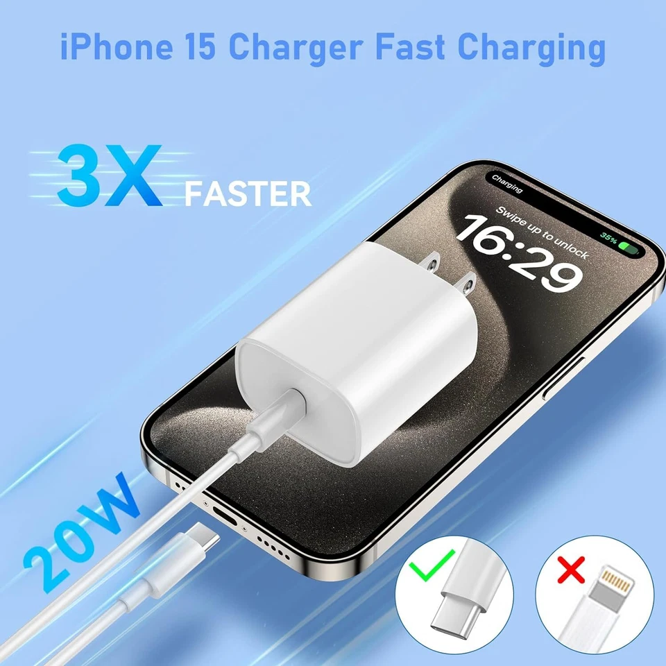 2x USB Type C Fast Charger + 2x Type C Charging Cable For iPhone 15 iPad Samsung - Image 3 of 4