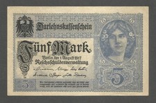 Germany 5 Mark 1.8.1917; AU+; P-56; BNB-B120; World War I print; 8 digit #